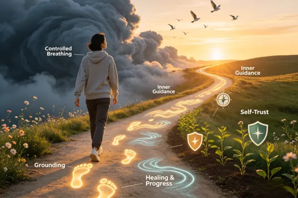 A person walking confidently out of a fading storm and into warm sunlight, symbolizing that panic is temporary and healing is possible.