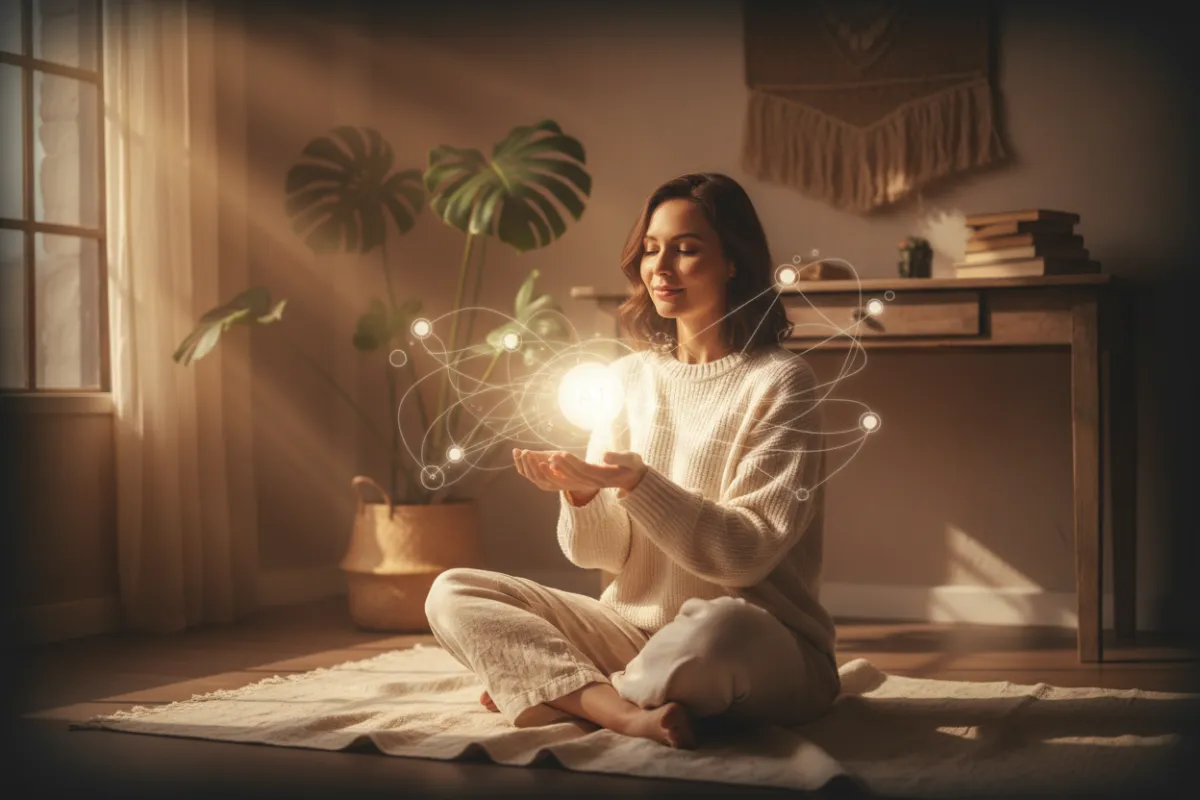 A holistic life coach holding a glowing orb of light, representing the harmony between human intuition and AI