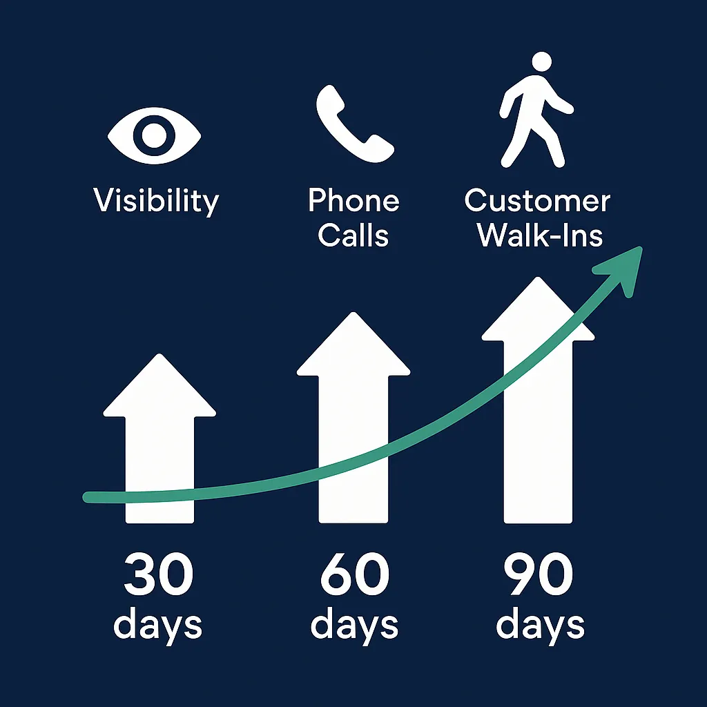 Timeline infographic showing 30–90 days of rising search visibility, calls, and walk-ins from SEO growth.
