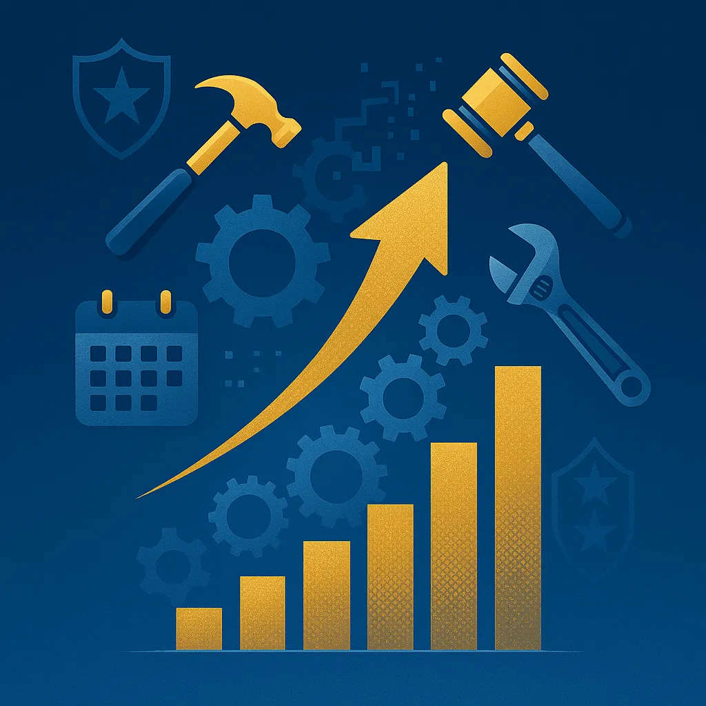 Infographic-style illustration with a golden upward arrow and bar chart surrounded by gears, a hammer, a gavel, a calendar, and a wrench, symbolizing business growth across industries including contractors, law firms, coaches, and home services. Navy and gold theme with subtle military shield elements.