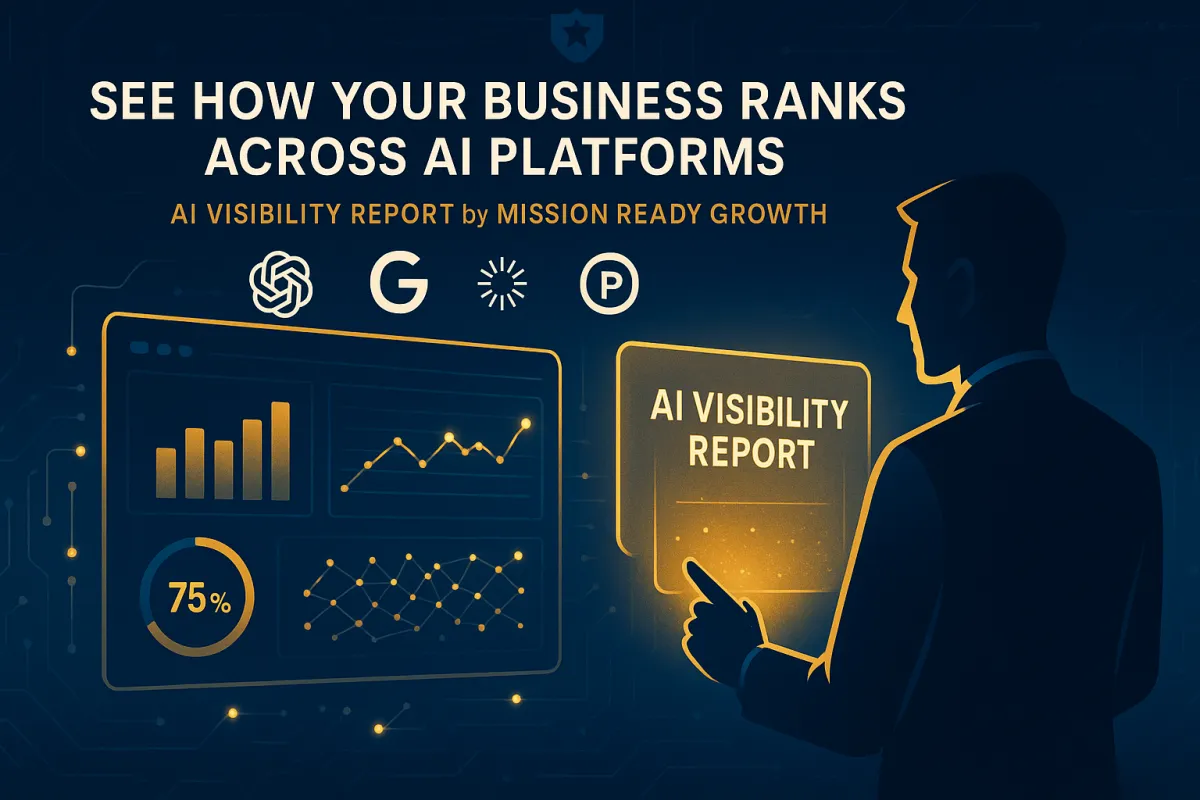 Professional digital illustration in navy and gold tones showing a business professional viewing a glowing holographic dashboard labeled “AI Visibility Report.” The scene includes analytics charts, data graphs, and AI platform icons for ChatGPT, Gemini, Claude, and Perplexity, symbolizing cross-platform analysis. Text reads “See How Your Business Ranks Across AI Platforms – AI Visibility Report by Mission Ready Growth.”