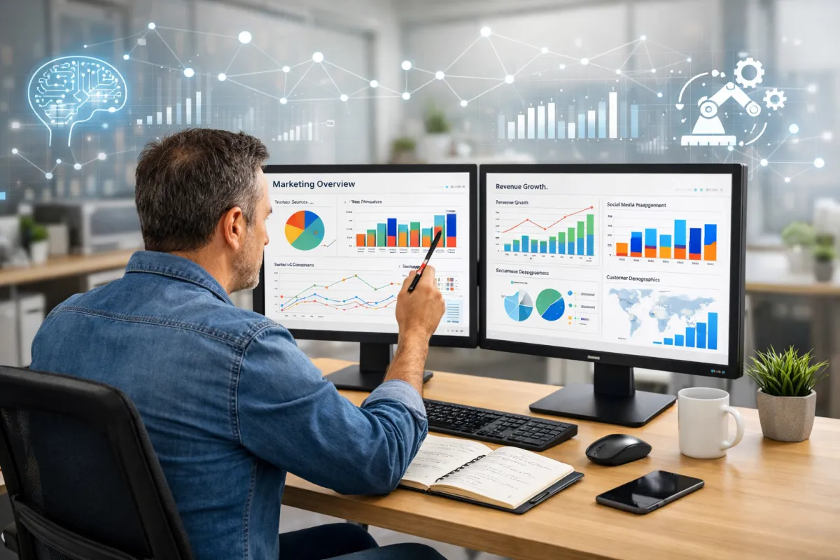 A small business owner sitting at a modern desk reviewing colorful marketing dashboards on dual monitors, with subtle AI-themed digital overlays like graphs, data nodes, and automation icons glowing in the background. Bright, clean office setting. Photorealistic, professional lighting.