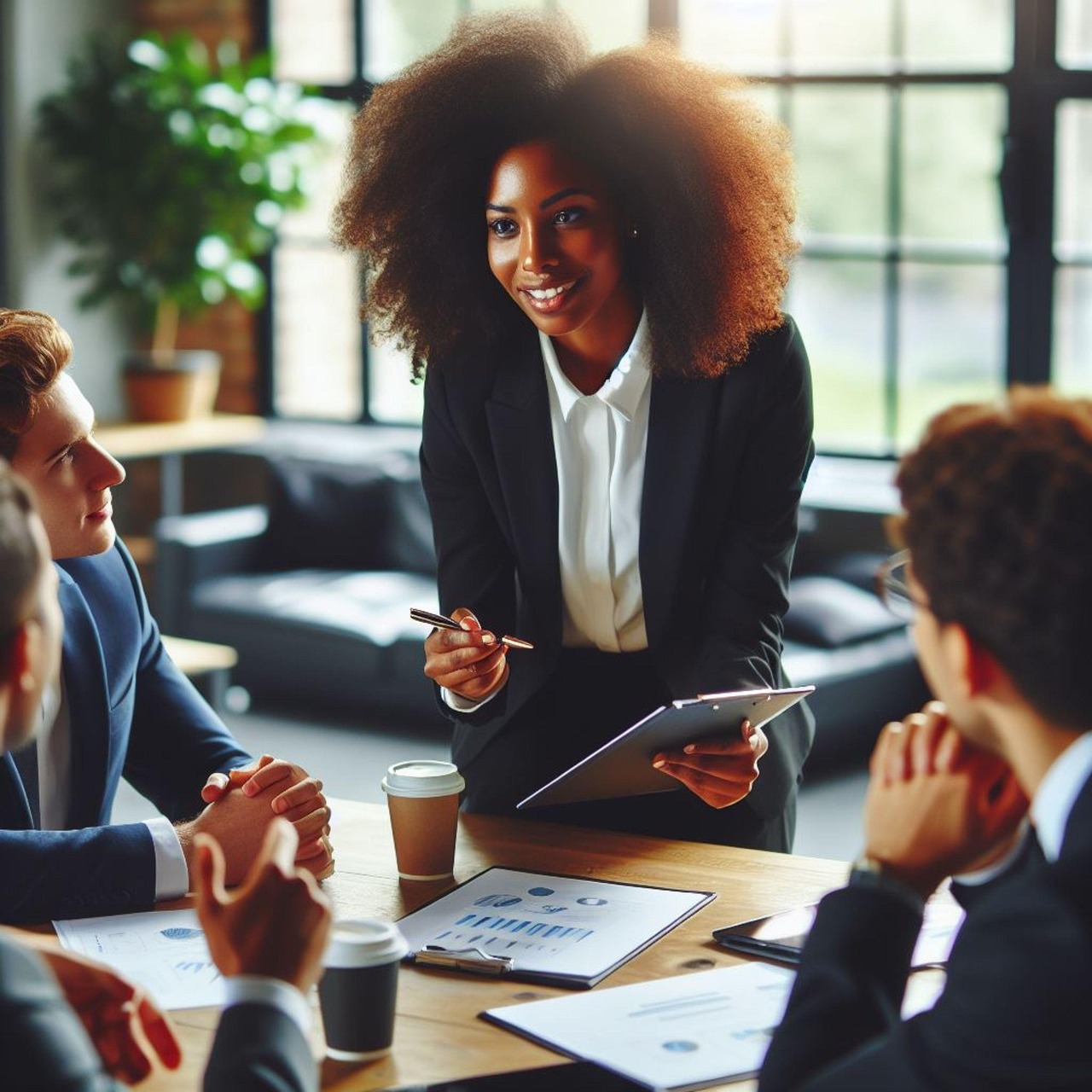 Business coach leading a strategy session with clients at a modern office table, smiling and presenting growth solutions — symbolizing professional coaching, consulting, and client success.