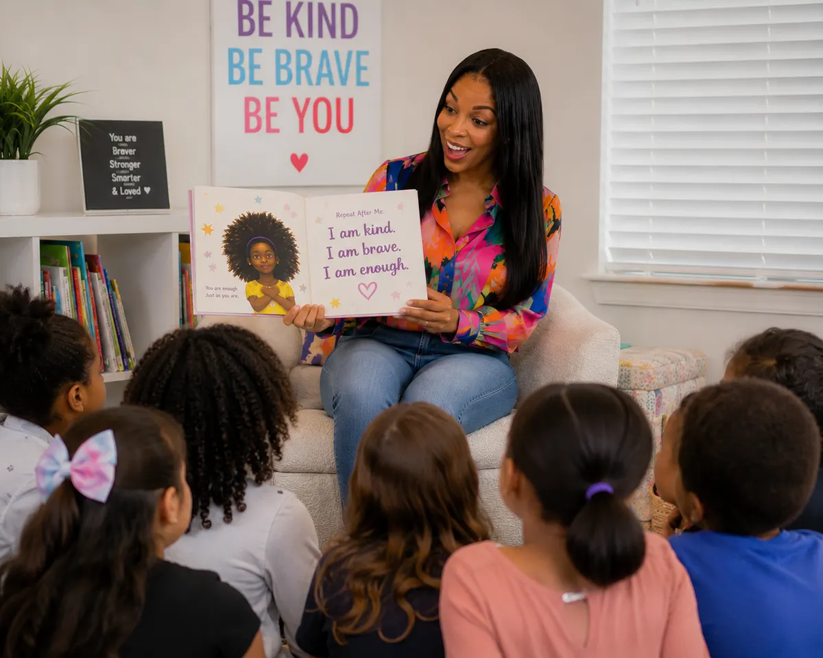 Meme Mulugeta reading a book to a group of children