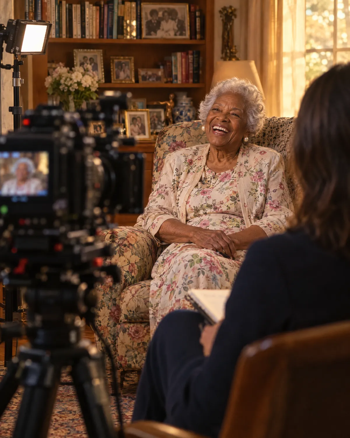 An elderly woman laughing as she shares her life story during a filmed Legacy Project session
