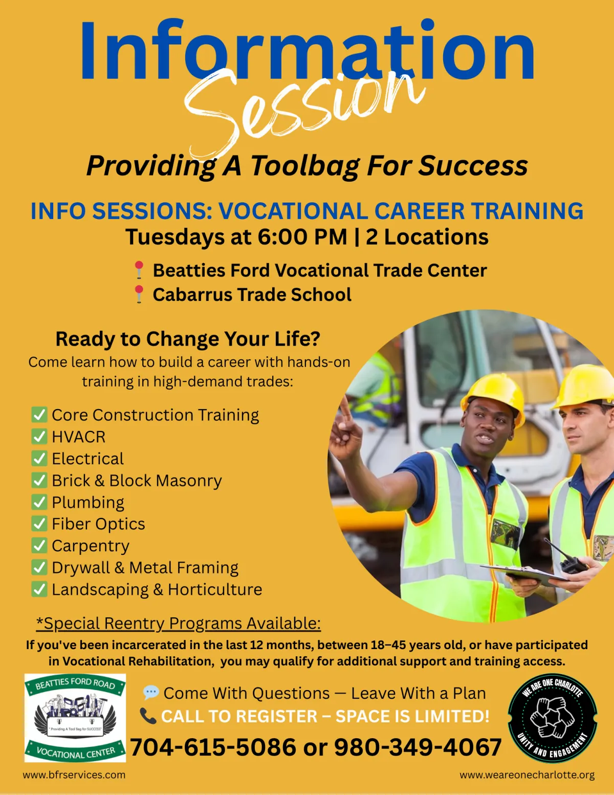 Infoshare Flyer with Beatties Ford Rd Vocational Trade School & We Are One Charlotte Partnership
