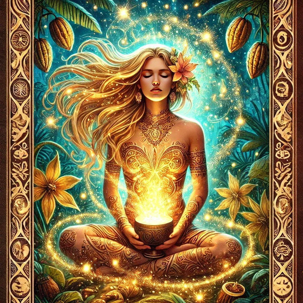 A tarot card featuring a cacao sister holding a ceremonial mug, radiating light and energy as part of a sacred cacao ceremony.