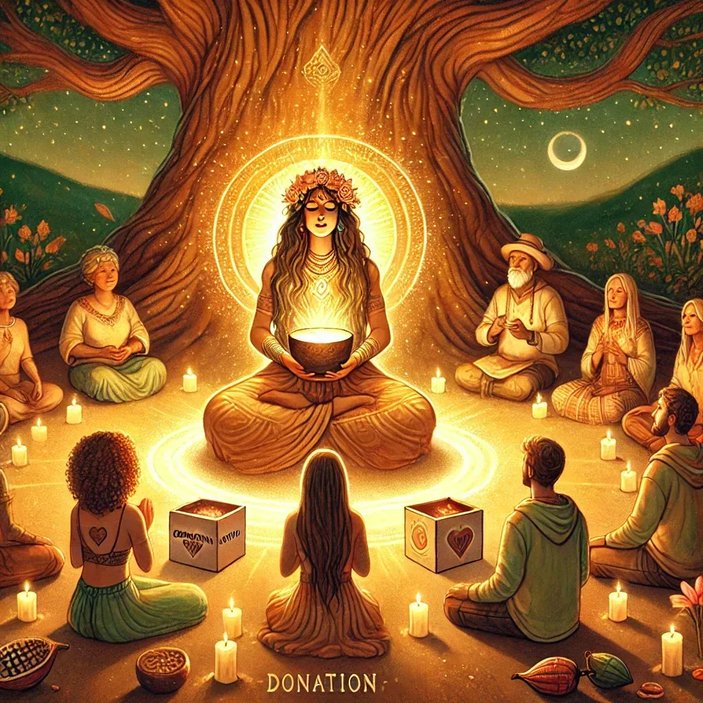 A tarot card illustration depicting a healer guiding a group of people in a sacred cacao ceremony, fostering spiritual growth.