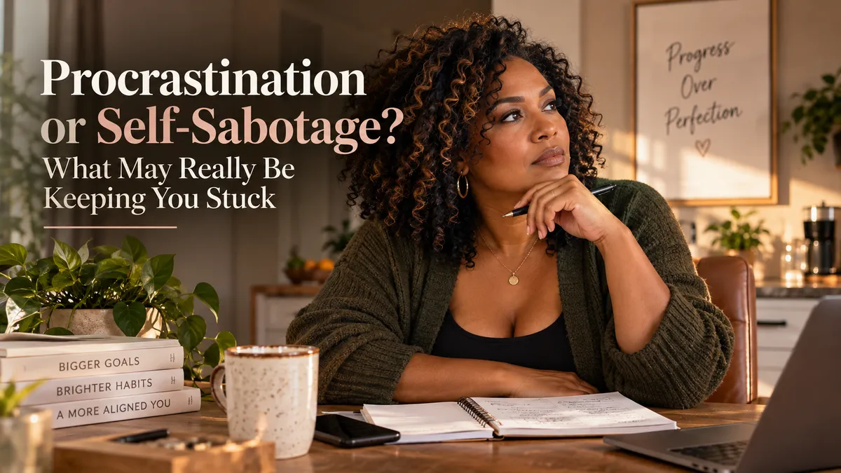 Black woman sitting thoughtfully at her desk with a notebook and laptop, reflecting on procrastination, self-sabotage, and what may be keeping her stuck.