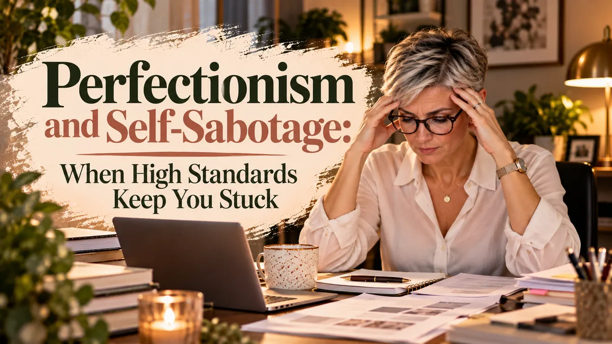 White woman in her 40s with short gray-blonde hair and glasses holding her temples while reviewing work at her home office desk, illustrating how perfectionism and high standards can contribute to self-sabotage and feeling stuck.