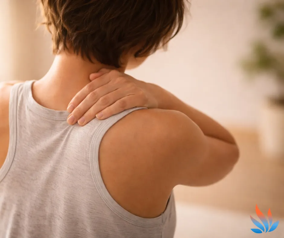Person holding upper shoulder demonstrating upper trapezius pain and tension