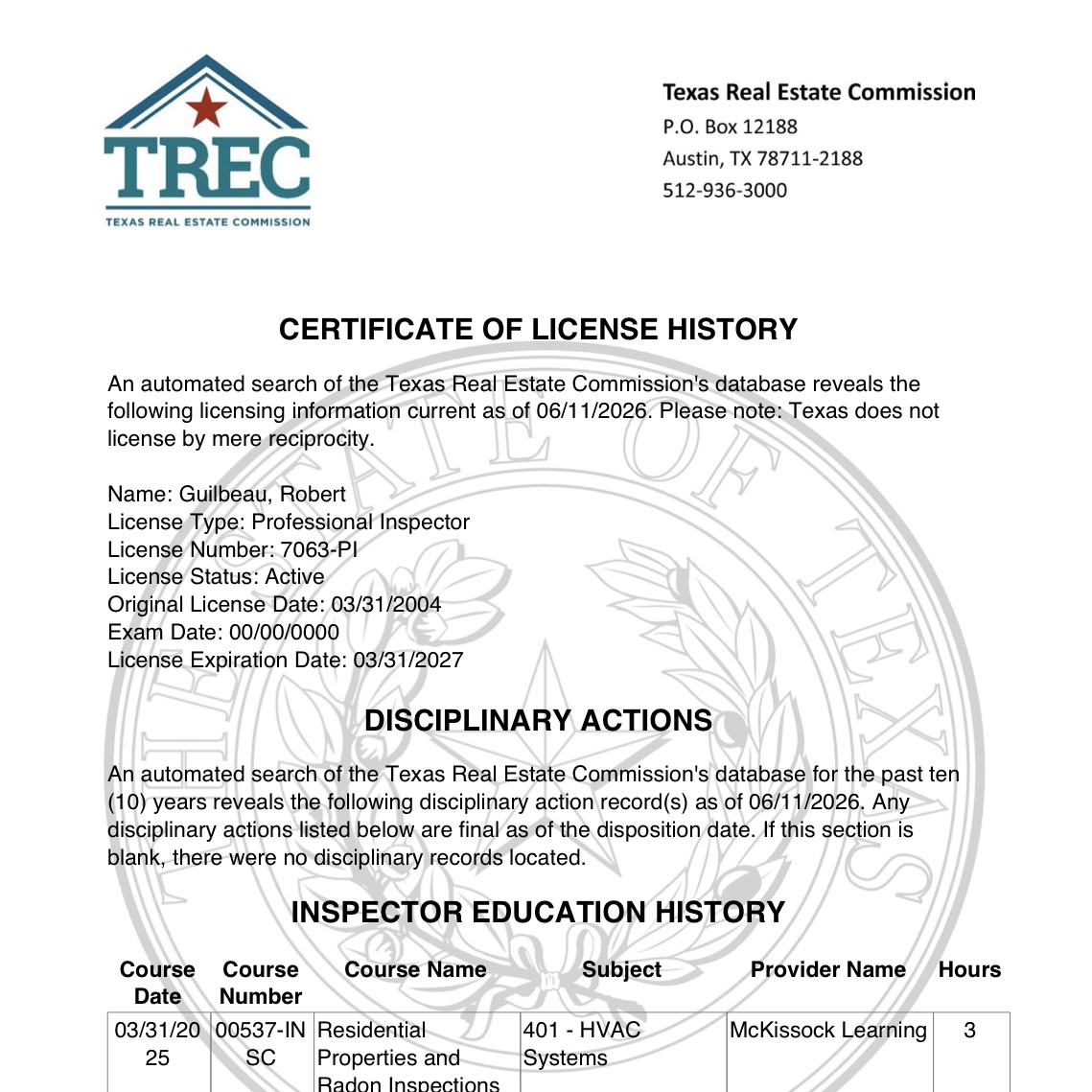 TREC Certificate of License History