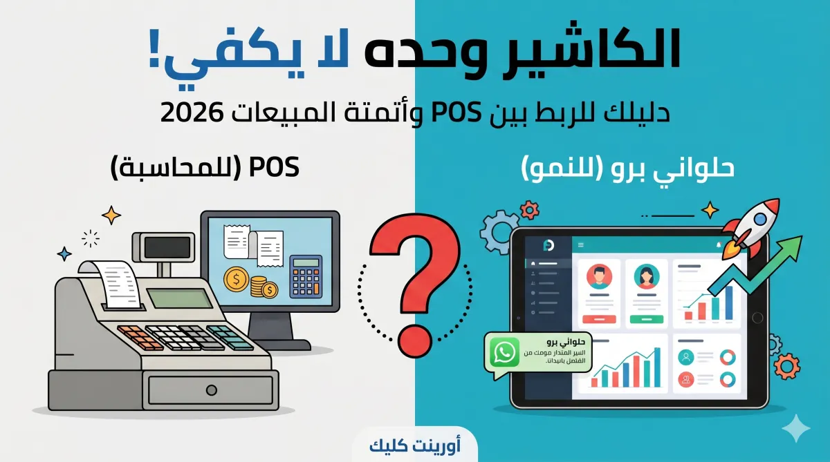 انفوجرافيك يوضح الفرق بين نظام الكاشير POS للمحاسبة ونظام حلواني برو لأتمتة المبيعات والنمو في المخابز لعام 2026