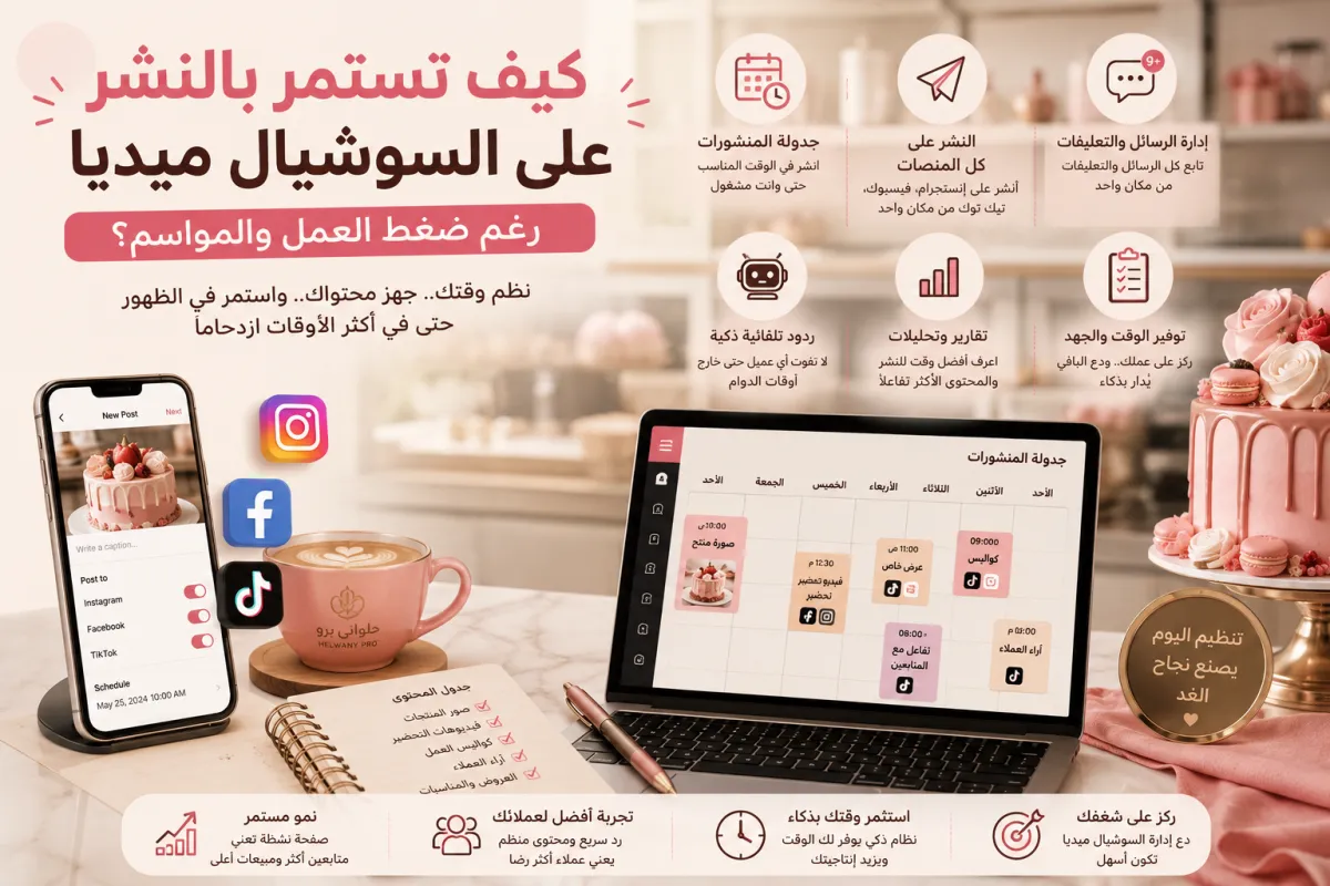 كيف تستمر بالنشر على السوشيال ميديا رغم ضغط العمل والمواسم؟ 🧁📅