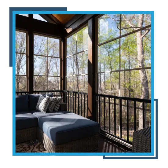 Family enjoying a bright screen porch in Durham, NC during a calm afternoon at home