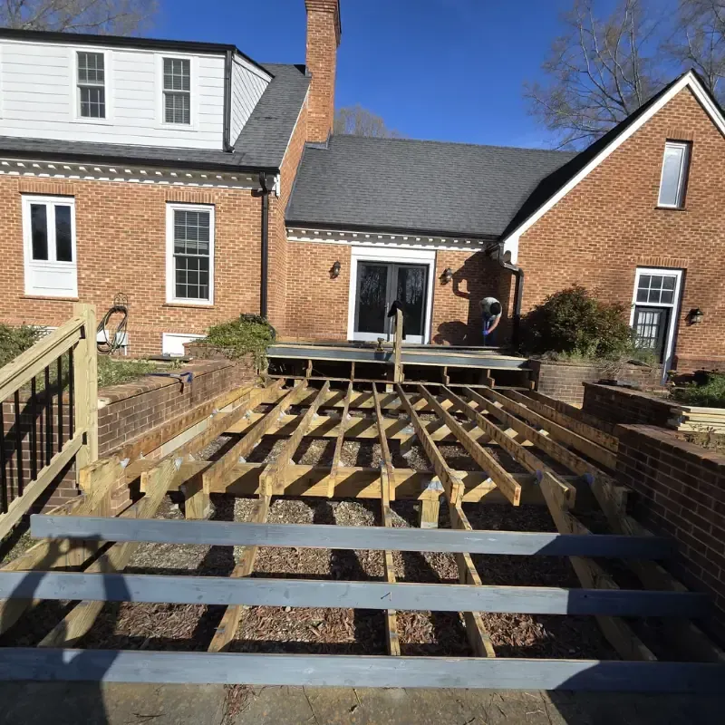 Wooden deck under construction, Durham NC, RSB Services LLC deck builder project.