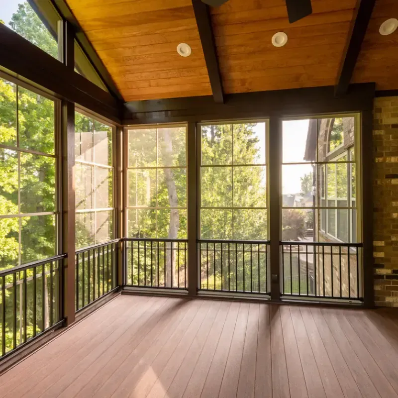 Screened porch with wood ceiling and large windows overlooking lush trees, Raleigh NC.