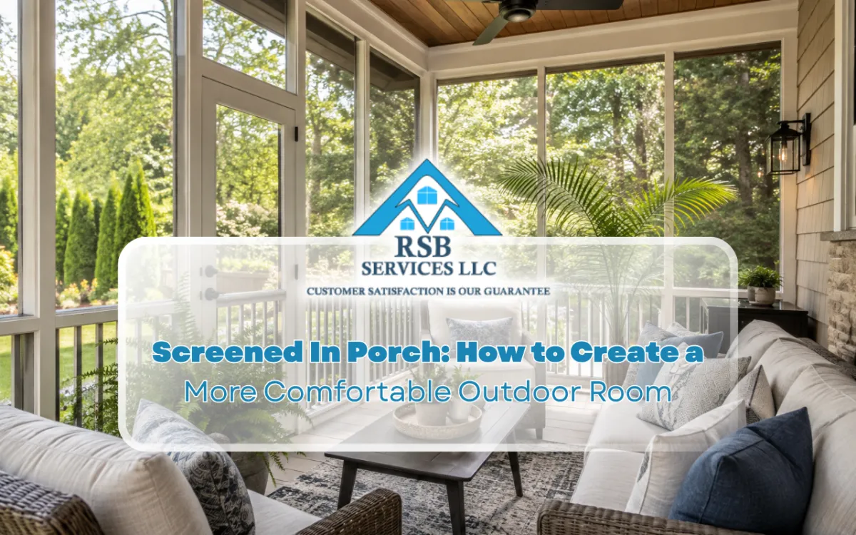 Screened in porch with seating and outdoor living furniture