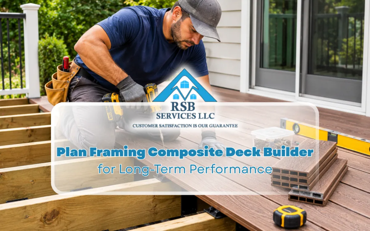 Composite deck builder installing boards on a residential deck frame