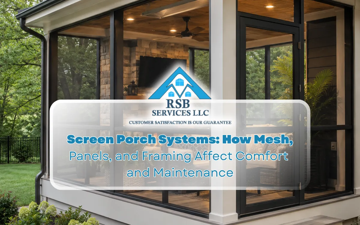 Screen porch system installed around a covered outdoor living area