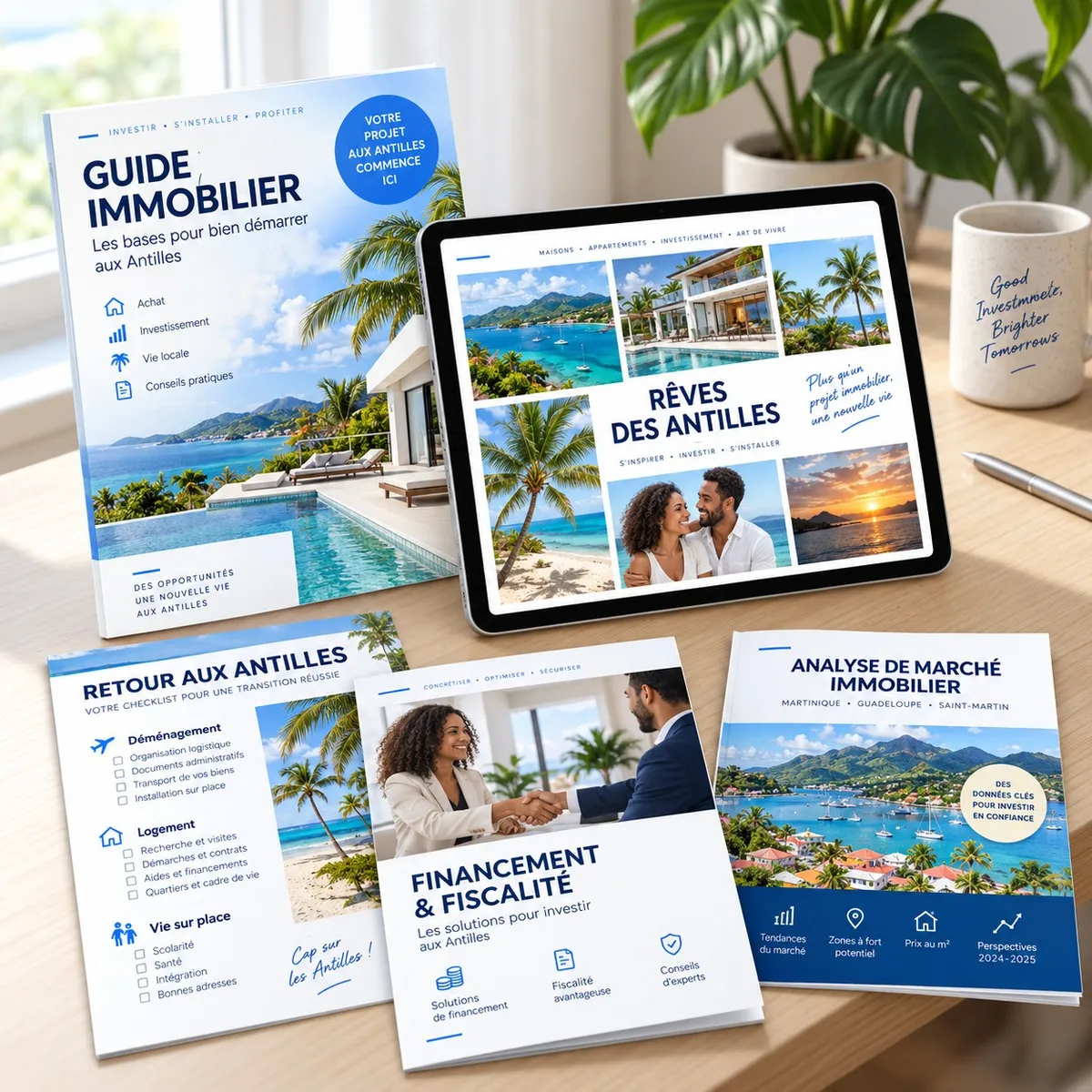 Mockup of various digital resources including a tablet showing a Vision Board, an eBook titled Guide Immobilier, a checklist, and documents for Ressources Money and Prix au m² arranged overlapping in a fan-like spread.