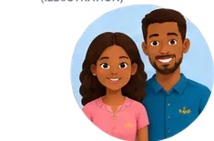 [ILLUSTRATION PARENTS] Cartoon avatars of a smiling man and woman standing together, on a light blue circular background.