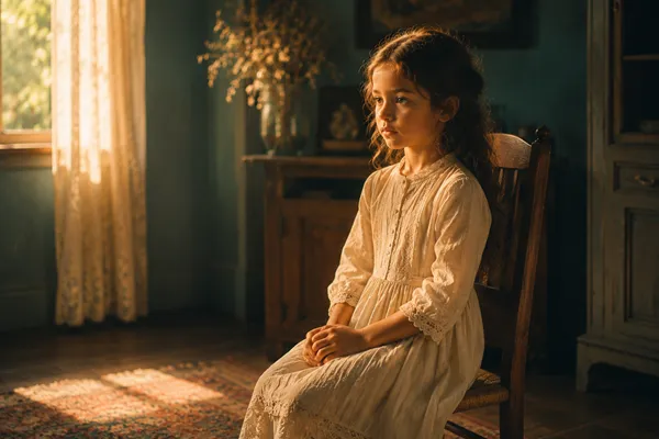 A young girl sitting perfectly still, hands folded, performing goodness in a world that required her silence