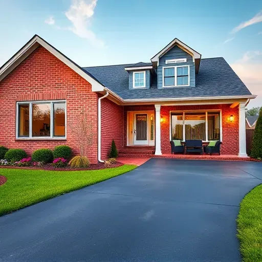 Renovated Mebane, NC home with colorful façade, modern windows, landscaped yard, and stylish porch under a blue sky.