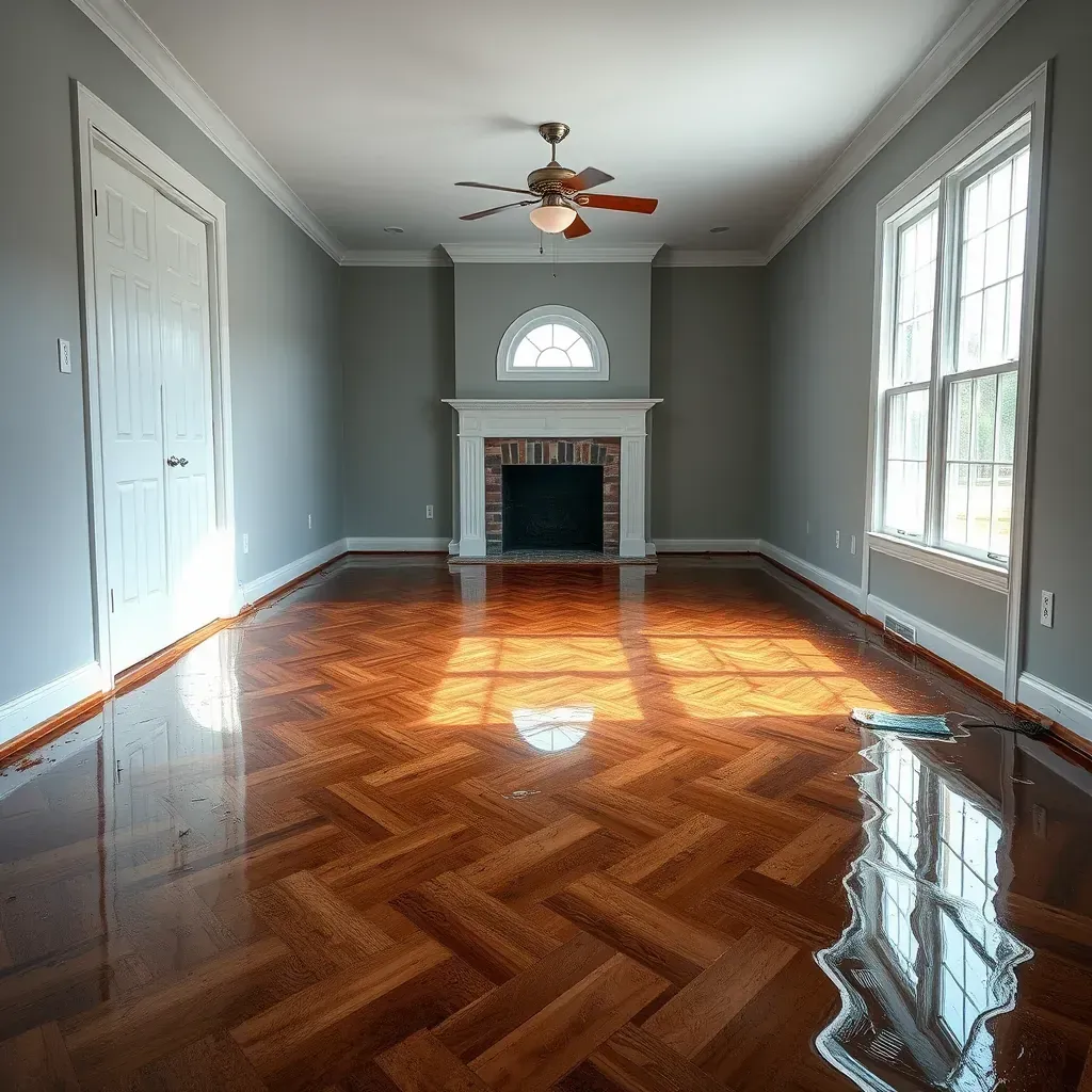 Water damage restoration in Selma, NC: restored interior with dehumidifiers, drying equipment, water stains, and repaired walls.