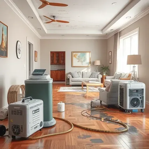 Water-damaged room in Louisburg, NC with damp floors, wet drywall, water stains, and restoration equipment showcasing expert cleanup.