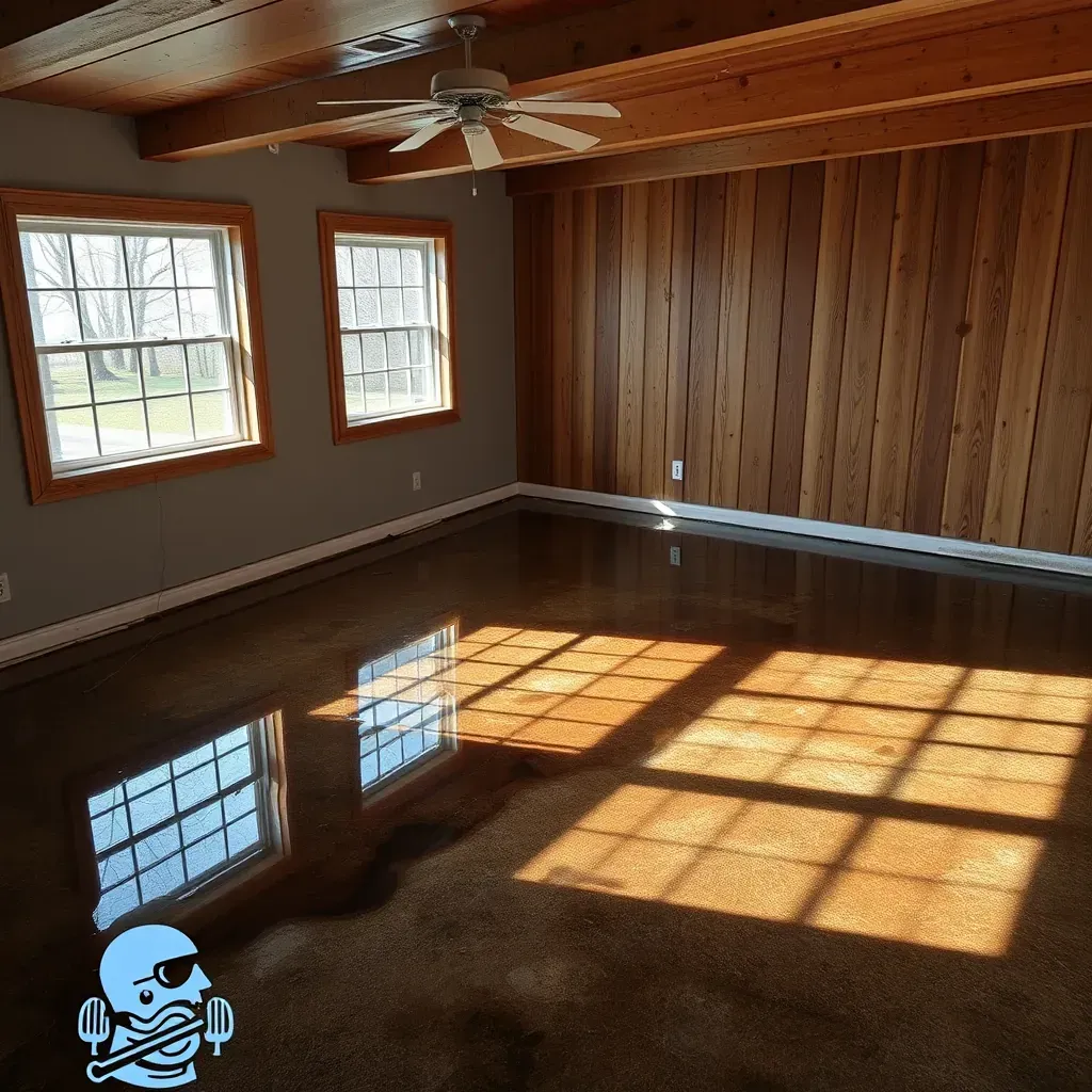 Water damage restoration in Louisburg, NC: wet floors, swollen baseboards, drying equipment, mold signs in a damaged home.