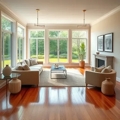 Remodeled Chapel Hill living room with hardwood floors, modern furniture, lush outdoor views, and stylish decor.