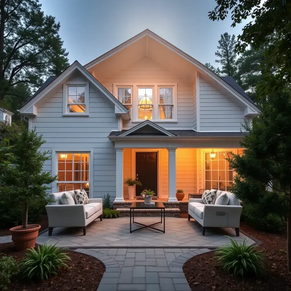 Beautiful renovated Pittsboro home with white siding, stone accents, energy-efficient windows, landscaped yard, and updated porch.