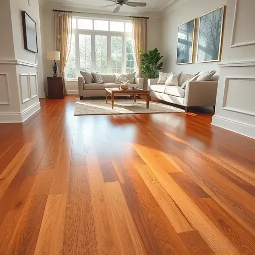 Restored hardwood floor with water damage details, bright living room in Hillsborough, NC, featuring elegant curtains and modern decor.
