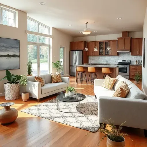 Renovated Lillington, NC living room with hardwood floors, neutral walls, modern furniture, large windows, and an open kitchen.