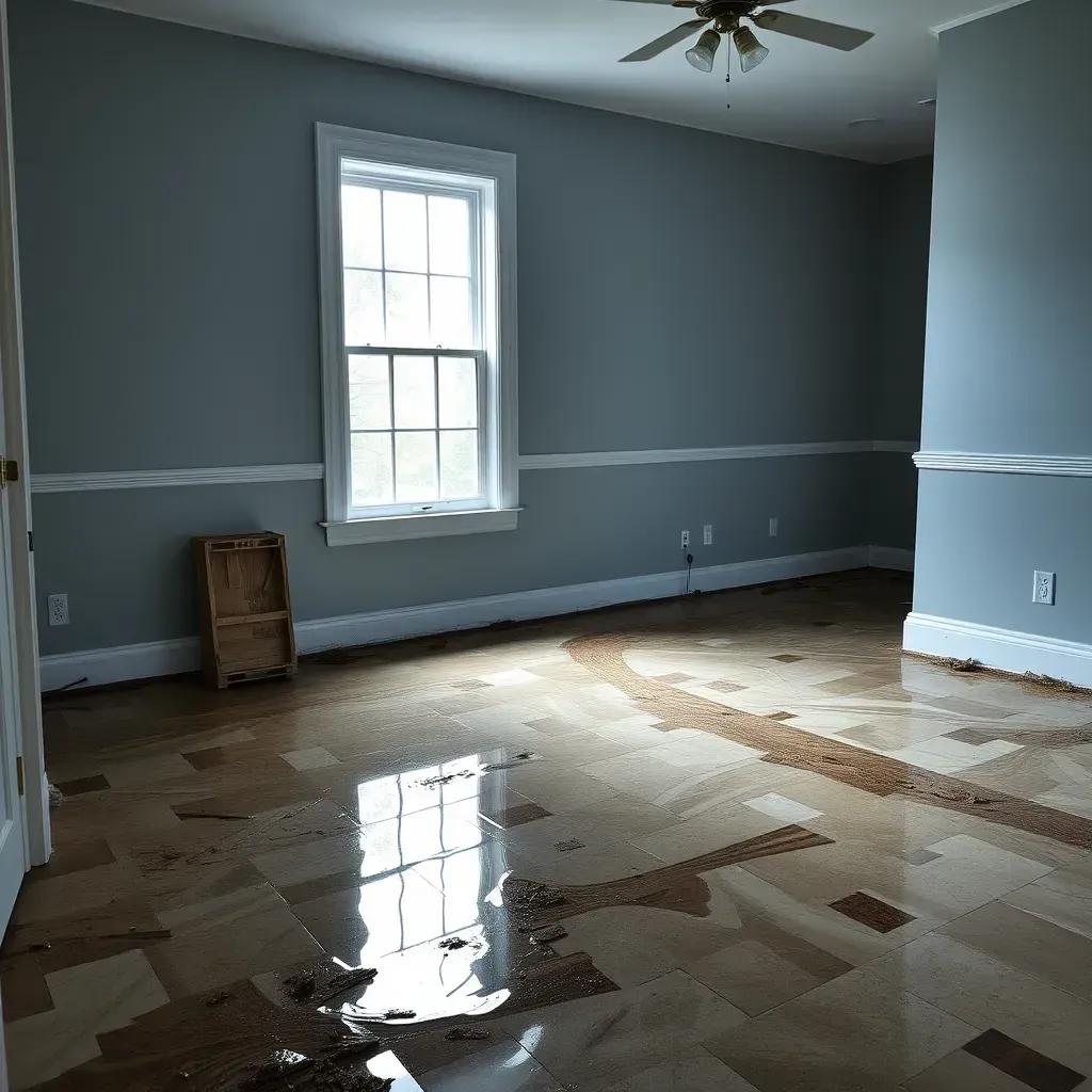 Water damage restoration scene in Oxford, NC showing soaked carpets, peeling drywall, dehumidifiers, and moisture meters.