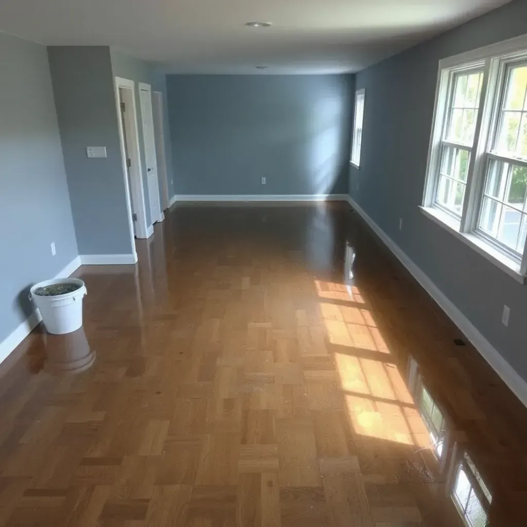 Water damage restoration scene in Apex, NC showing soaked carpets, warped drywall, water stains, and restoration tools.