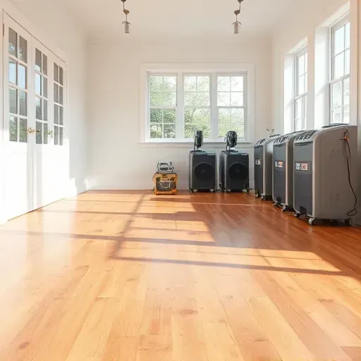 Water damage restoration in Fuquay-Varina, NC: spotless, repaired interior with dry hardwood, new paint, and restoration tools.