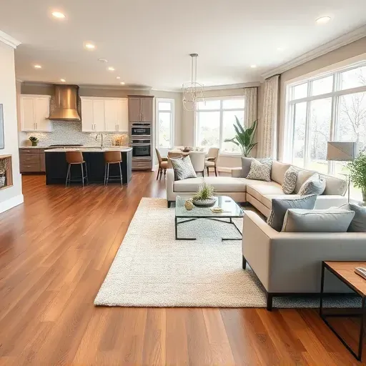 Modern renovated Knightdale home interior with open living area, hardwood floors, neutral furniture, stylish kitchen, and bright natural light.