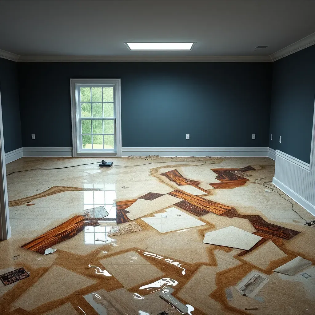 Water damage in Middlesex, NC: warped floors, water-stained drywall, mold spots, drying equipment, and restoration tools.