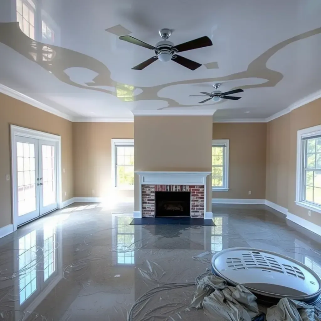 Water damage in a Knightdale basement with wet floors, drying equipment, and moisture-warped walls, showing restoration efforts.