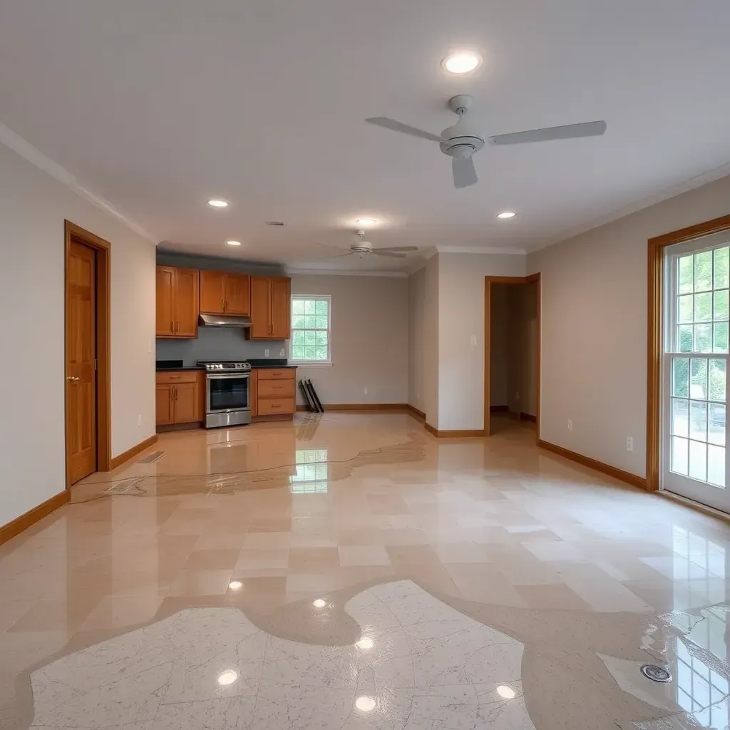 Water damage restoration scene in Raleigh, NC showing technicians repairing flooded walls and drying carpets.