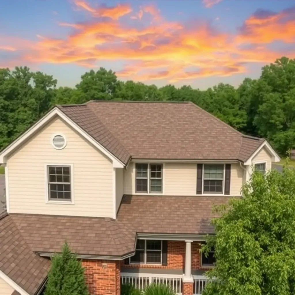 Roofing project in Raleigh, NC featuring a modern brick home with new asphalt shingle roof, sunny sky, lush green trees.