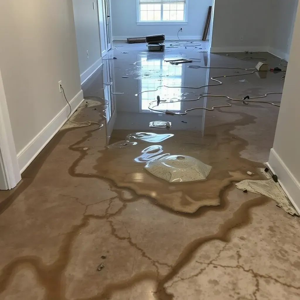Water damage restoration scene in a Selma, NC home showing water-soaked floors, exposed walls, and drying equipment.