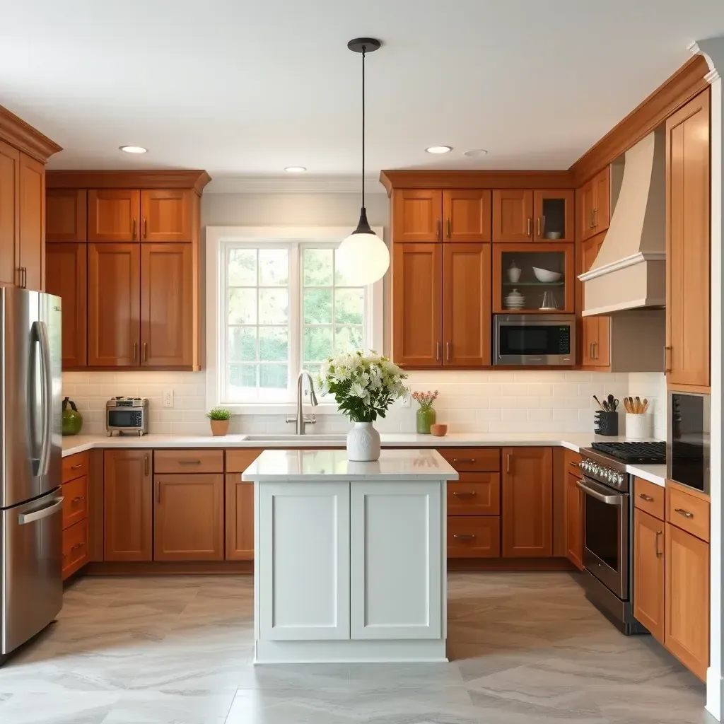 Beautiful renovated Raleigh kitchen with white quartz countertops, wood cabinetry, large island, stainless steel appliances, and natural light.