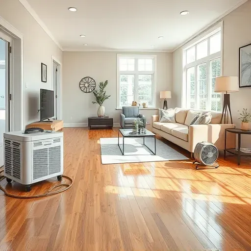 Restored modern living room in Zebulon, NC, with polished hardwood floors, fresh paint, stylish furniture, and restoration equipment.