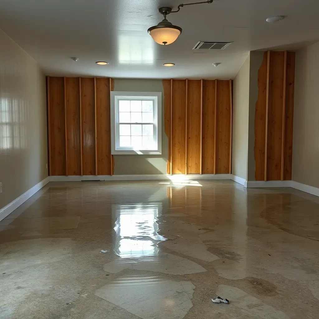 Water damage restoration scene in Bunn, NC: flooded floor, wet drywall, drying equipment, and professional tools.