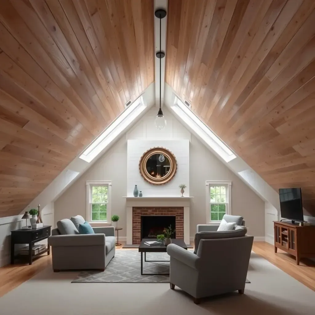 Spacious Raleigh attic with wooden beams, fresh insulation, renovated floors, tools, and views of suburban homes outside.