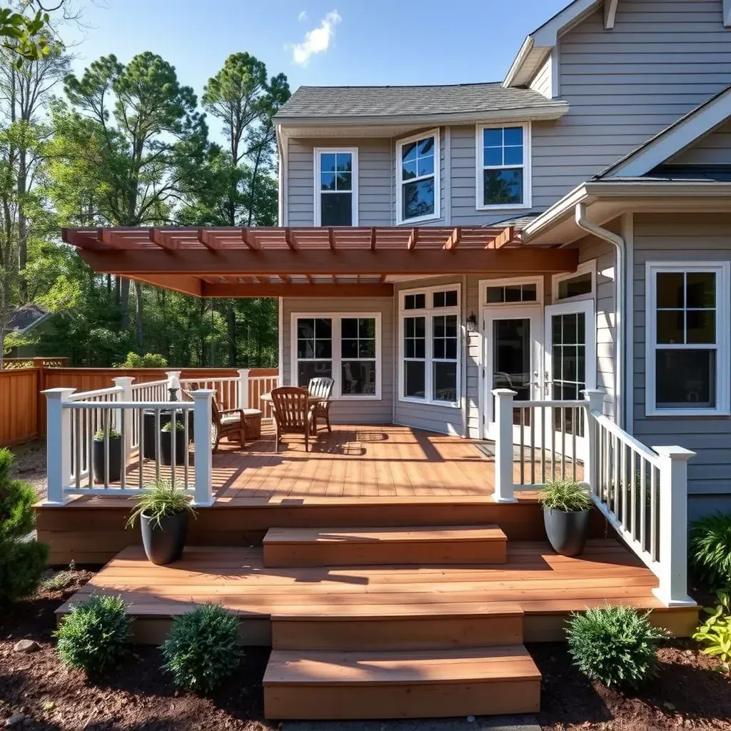 Partially built wooden deck in Raleigh, NC backyard with tools, greenery, and sunny blue sky.