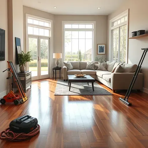 Restored living room in Holly Springs, NC, with repaired hardwood floors, clean drywall, polished surfaces, and organized restoration tools.